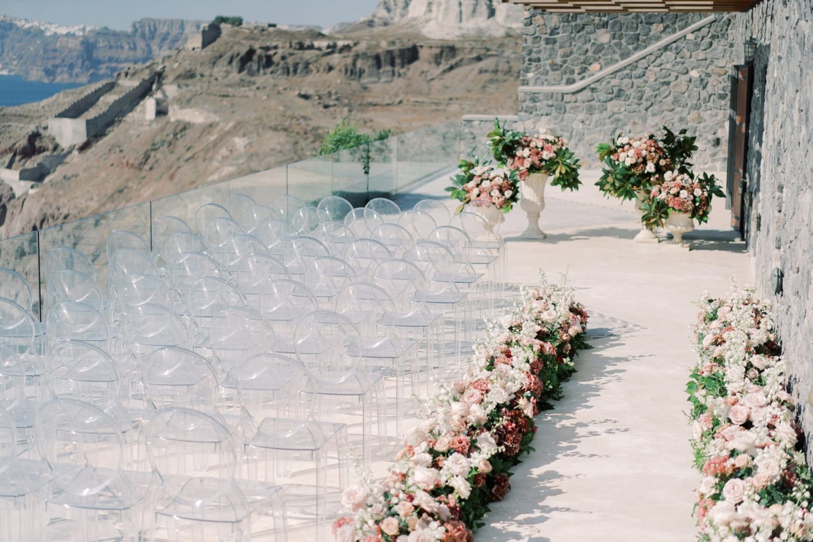 Wedding ceremony flower decoration in Santorini